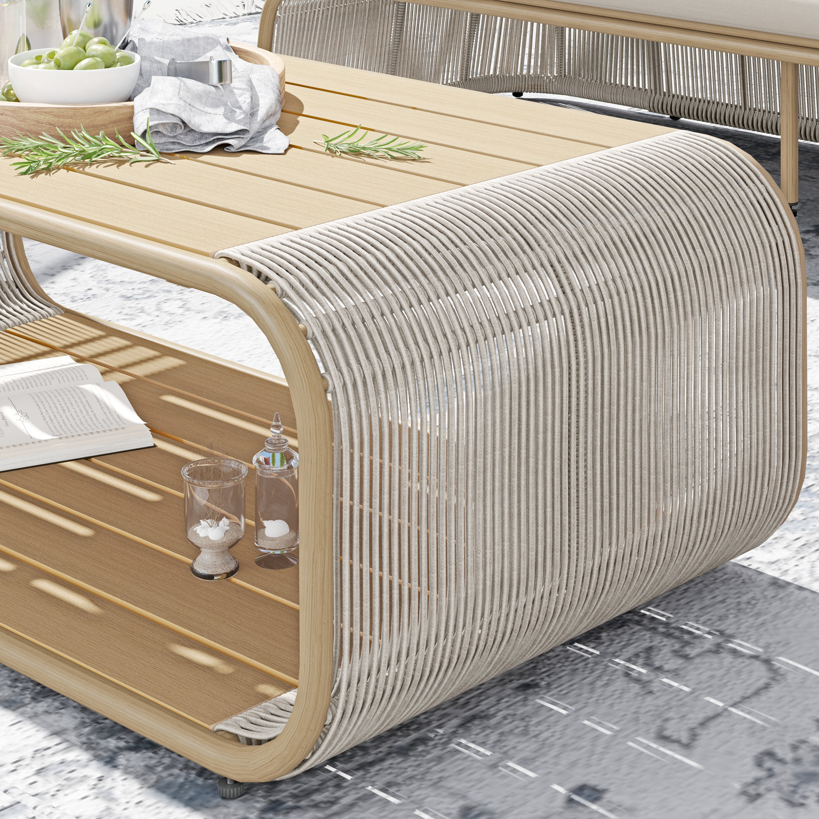 Carlen 3-Person Sunbrella® Patio Seating Group, Canvas Vellum Cushion/White/Brown Frame