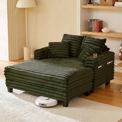 Chaise Lounge Chair Indoor,  64" Oversized Sleeper Chair With Wood Frame, Upholstered Sofa Bed For Living Room, Movie Room, Bedroom With 4 Storage Pockets& 2 Cup Holders(Plush Corduroy, Green)