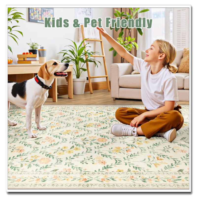 Area Rugs 9X12 Living Room, Beige/Multi Floral Washable Vintage Boho Rug,  Soft Low Pile Non-Slip Indoor Floor Carpet, Stain Resistant Rug For Bedroom Dining Room Farmhouse Nursery Home Office
