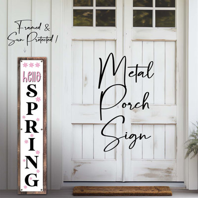 " Hello Spring - Pink/Black - Framed Sun-Protected Metal Porch Sign, Vertical Welcome Sign "