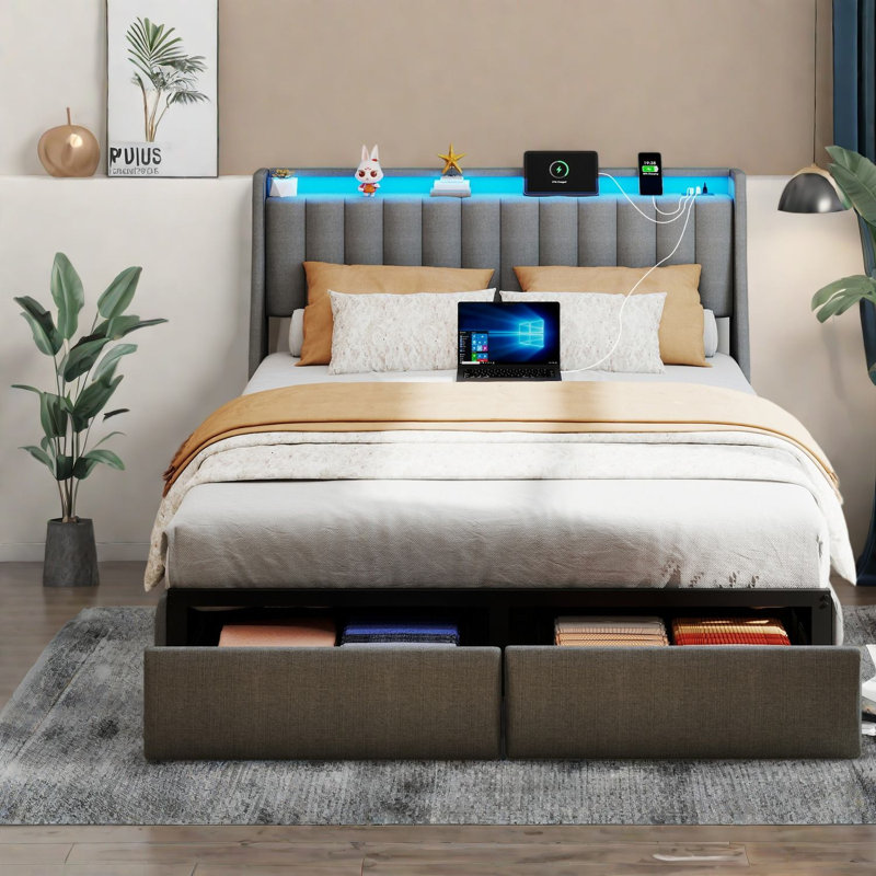 Lit coffre Queen avec cadre en métal et plateforme rembourrée moderne pour la maison