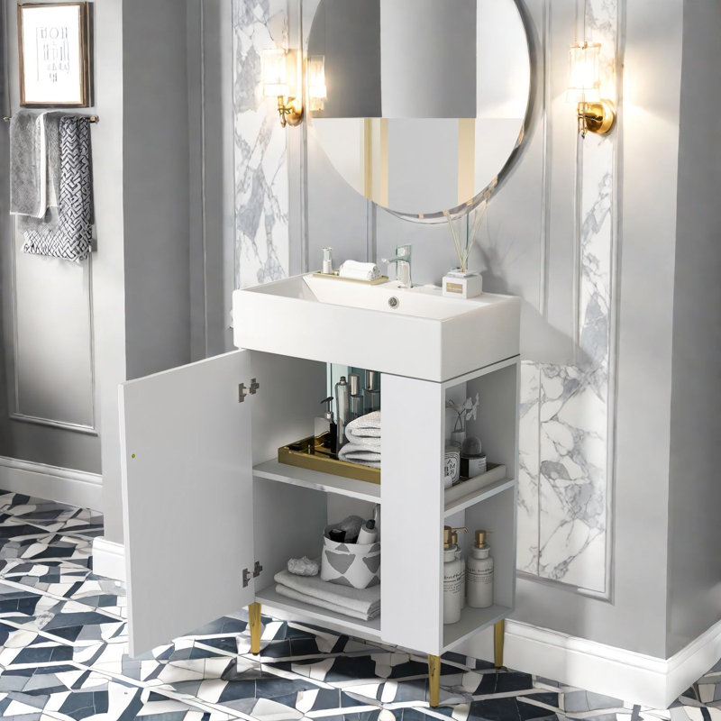 Meuble-lavabo moderne peu encombrant avec lavabo en céramique, panneau de fibres à densité moyenne blanc