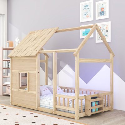 Twin Wood House-Shaped Floor Bed with Bookshelf and LED Lights