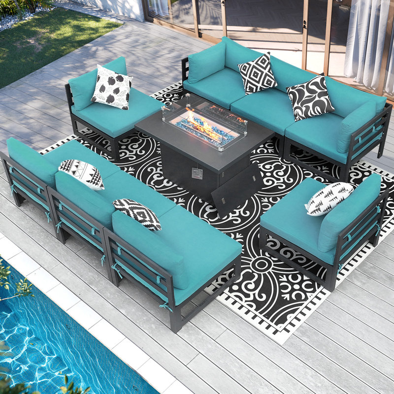 Modern 9-piece Aluminum Patio Conversation Set With Propane Fire Pit Table, 500lb Capacity Heavy-duty Outdoor Sectional Set With Cushions
