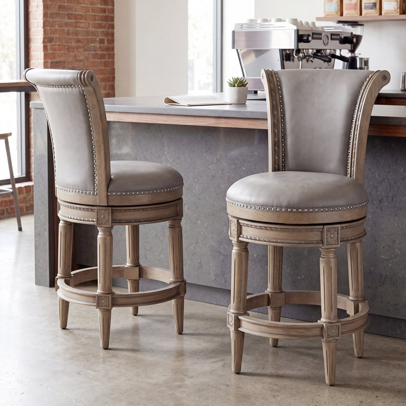 Tabourets de bar rembourrés Elveria avec structure en bois et garniture cloutée, Antique Oak, 4