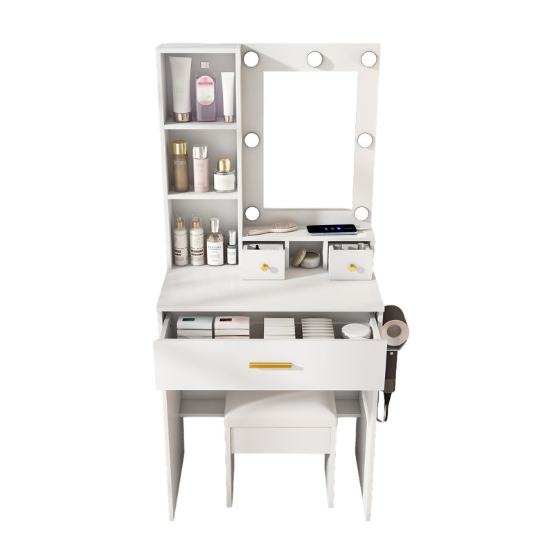Makeup Vanity Table With LED Mirror And Stool, White, Gold