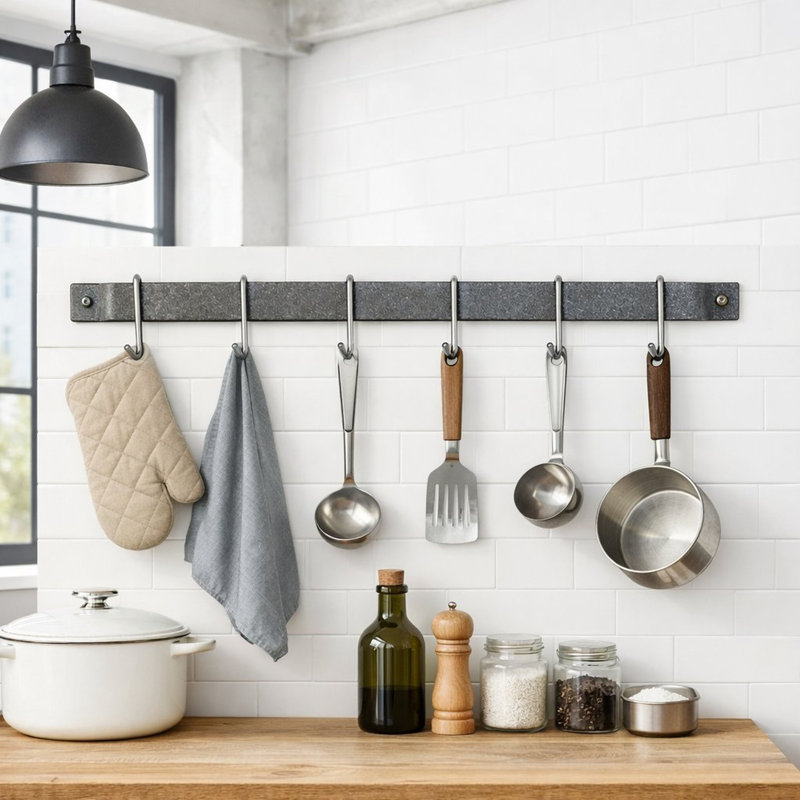 Handcrafted Easy Wall Mounted Pot Rack, 3" H x 30" W x 3" D, Hammered Steel