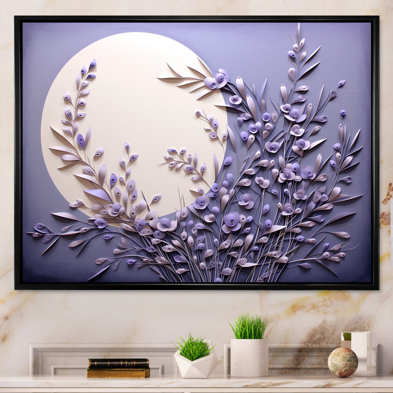 Lavande Luminescence Moon Stilness - Art mural lune, Cadre flottant noir, H 16 po x l 32 po x P 1 po