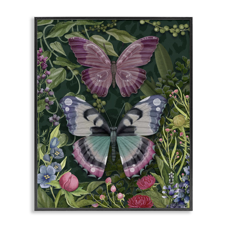 Fleurs et papillons de jardin sauvage, estampe numérique, design par Nicole Tamarin, H 14 po x l 11 po
