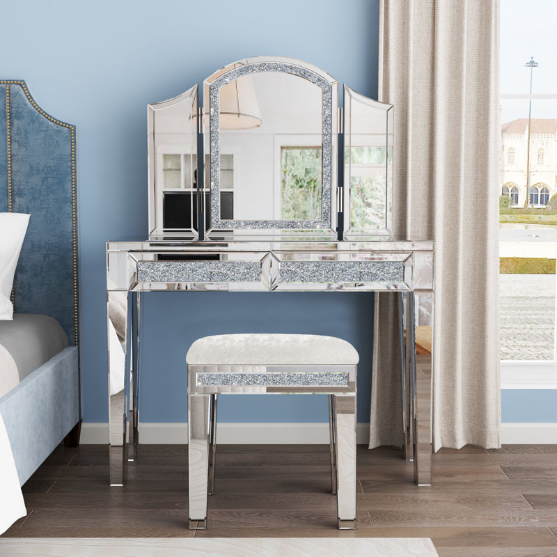 Mikayil White Accent Vanity Stool Makeup Vanity Stool Chair , Pearl White