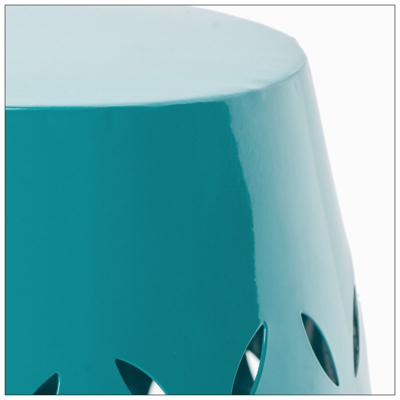 Teal Metal Lace Cut Barrel Accent Table
