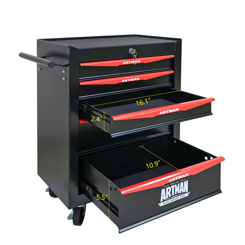 Coffre à outils roulant en métal avec 5 tiroirs, Noir / Rouge