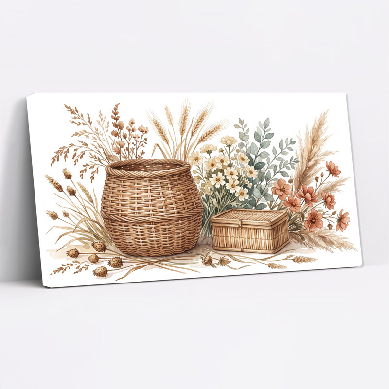 Panier tressé avec blé séché et fleurs blanches - Toile murale aux tons naturels, 20"W x 10"H