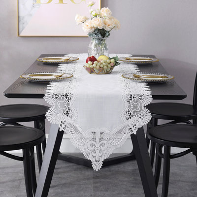 Linen Blend With Embroidery Lace Table Runner