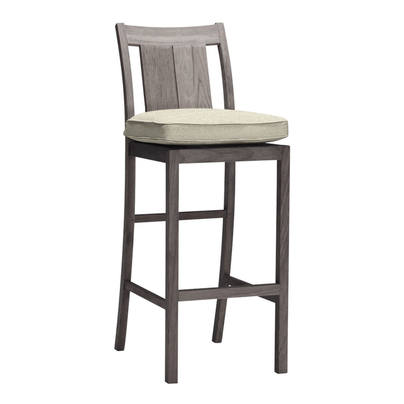 Croquet 24.5" Patio Bar Stool with Cushion, Rollo Chambray InsideOut® Linen, Welt, Oyster Teak