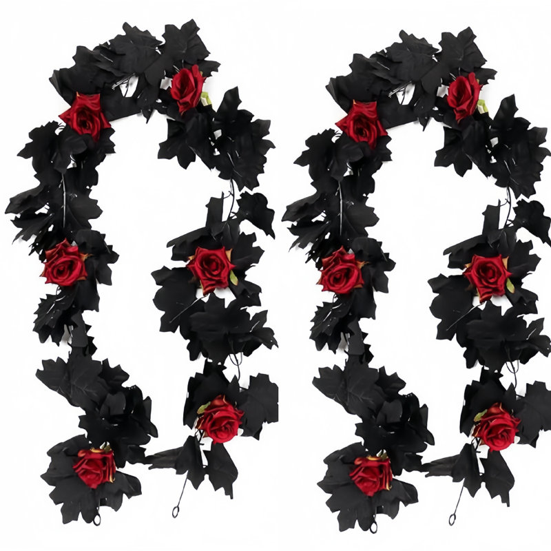 Guirlande artificielle d'Halloween de 175 cm, 2 feuilles d'érable noires et roses rouges, décor gothique pour porte d'entrée, mur ou cheminée.