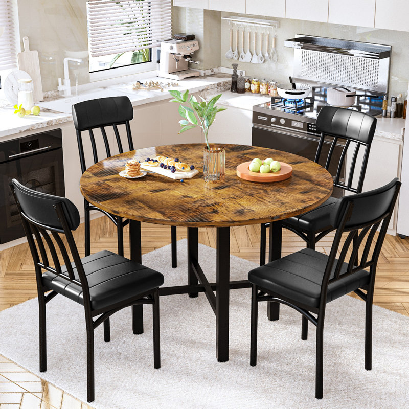 5-Piece Kitchen Table Chairs Set, Dining Table Set For 4, Rounded Dining Room Table Set With Four Chairs And Wooden Table Tops Dining Table Set With Backrest For Small Spaces, Dining Or Living Room
