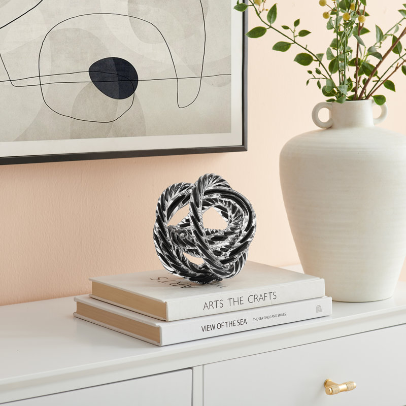 Marj Modern Glass Knot Loop Abstract Tabletop Sculpture, Black