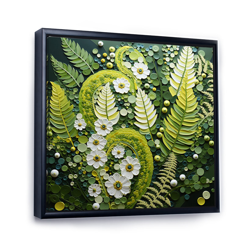 Fougères vert clair plante fantaisiste spirales I - fougères, art mural, Cadre flottant noir, H 36 po x l 36 po