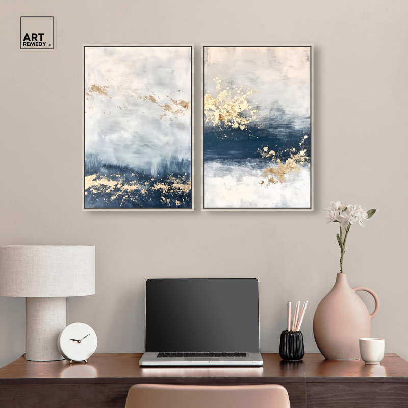 Gilded Coastal Calm Blue Art 2 Panel Set Canvas Print by , 25" H x 17" W, Floater Framed Print without Mat, Silver