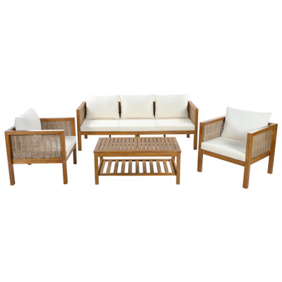 Ensemble de conversation de patio 4 pièces avec coussins imperméables en bois d'acacia, en rotin et pour l'extérieur