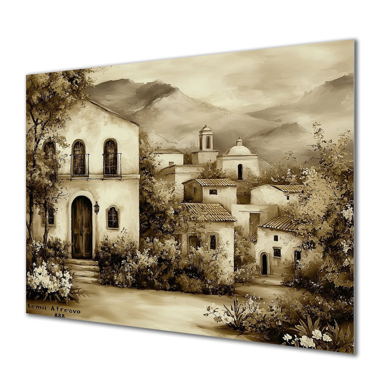 Art mural rétro, village mexicain rétro dans les montagnes I - People, H 16 po x l 32 po