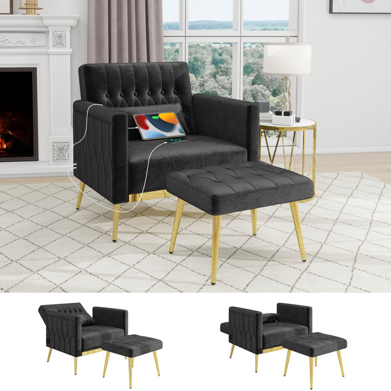 Velvet Armchair with Footstool, Black