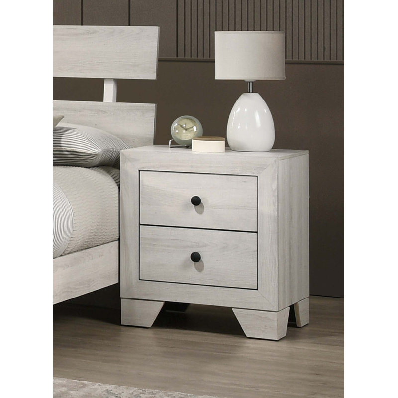 1Pc Two Drawers Storage Nightstand, White Washed