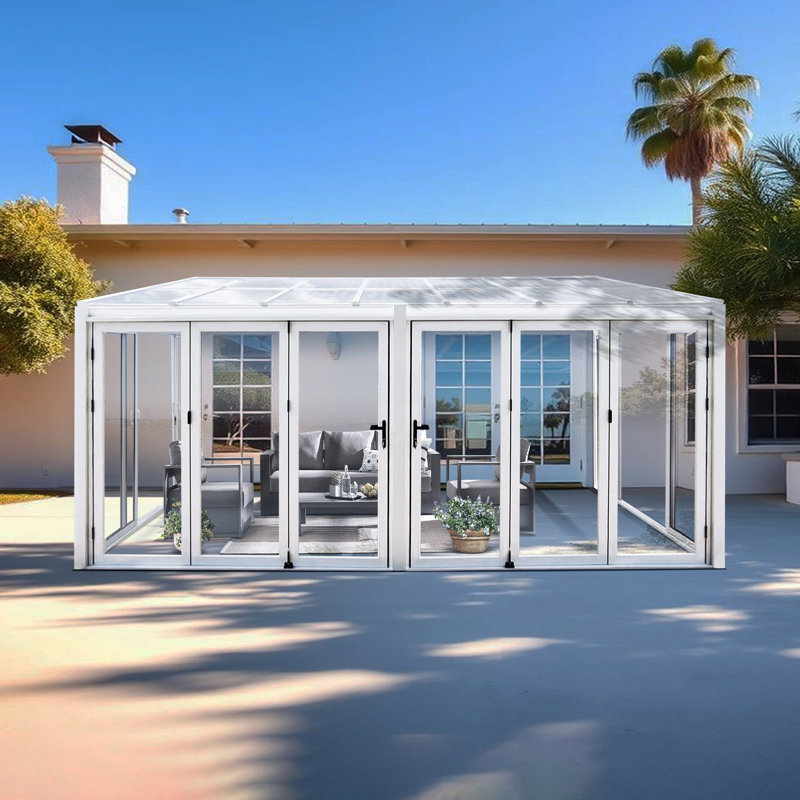 Véranda en verre trempé 16,7 pi x 9 pi avec portes pliantes rétractables - Ajout de patio moderne à effet de serre, Blanc