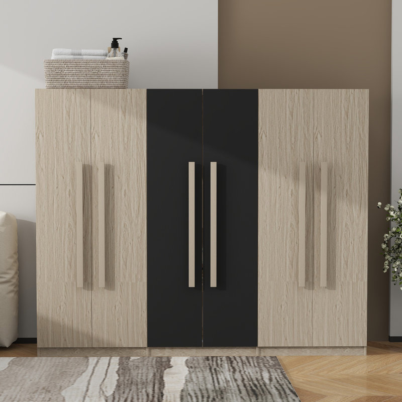 Armoire 6 portes avec tiroirs, tablettes et rail suspendu Aathish, Noir/naturel
