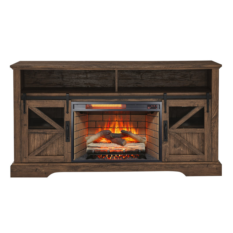 60 Inch Electric Fireplace  Entertainment Center With Door Sensor-Reclaimed Barnwood Color, Dark Brown Wood