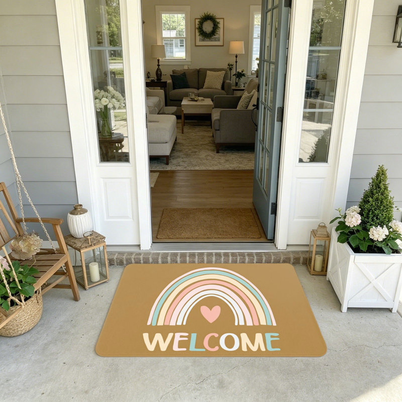 Tapis de sol minimaliste arc-en-ciel pastel de bienvenue pour entrée intérieure ou extérieure 51 x 81 cm