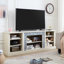 Meuble télé en imitation pierre, blanc, compatible avec les téléviseurs de 75 pouces, offrant un grand espace de rangement, console périphérique, pouvant accueillir des téléviseurs et des appareils électroniques.