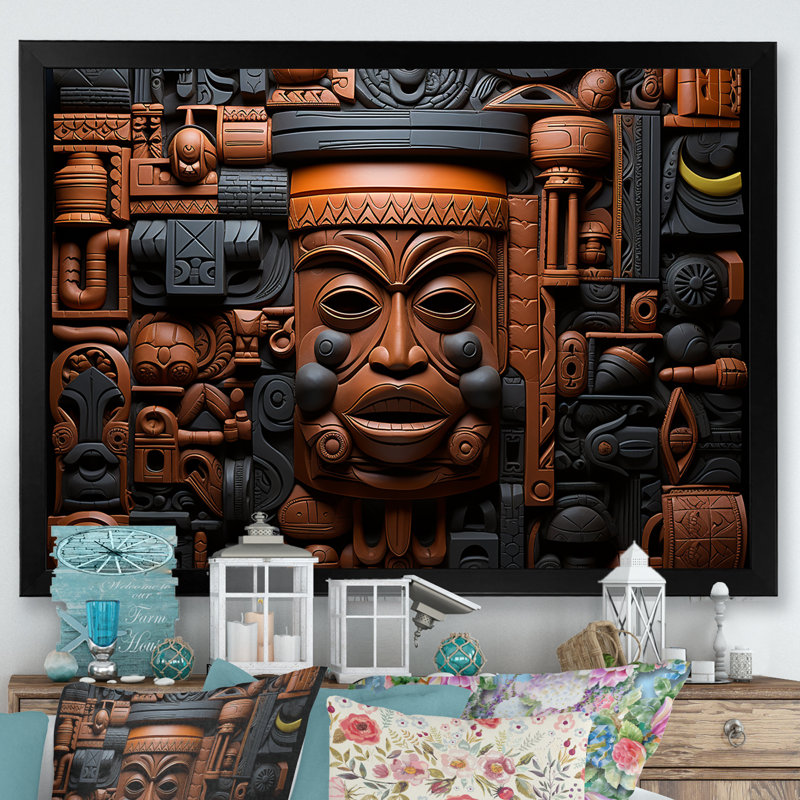 Masque africain brun et noir à motif de Kuba - Masque africain grand art mural, H 30 po x l 40 po x P 1,5 po