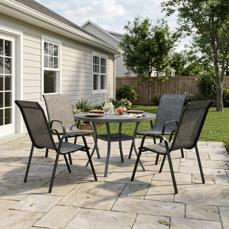 Ensemble de salle à manger de patio 4 personnes avec chaises empilables Textilene, Noir