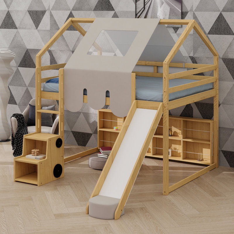 Structure de lit en mezzanine avec tente, Naturel / Beige, Lit double