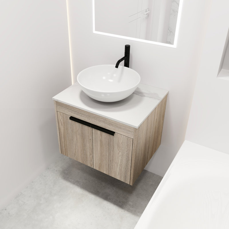 Meuble-lavabo contemporain en chêne blanc. Évier en céramique avec porte à fermeture en douceur et espace de rangement généreux. Fixé au mur. Évier de meuble-lavabo moderne. Conception à fixation murale