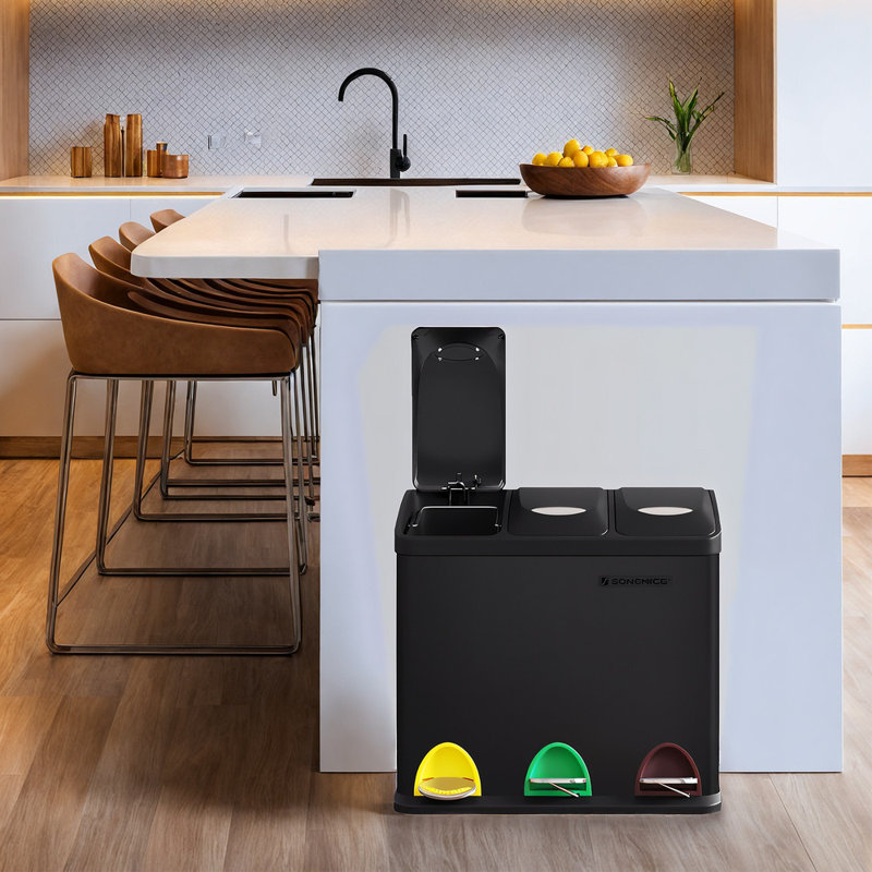 Recycling Bin, Double Trash Can, 2 X 24L, With 2 Compartments, Soft-Close Lids, Pedals, Plastic Inner Buckets And Carry Handles