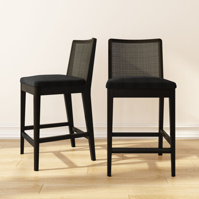 Elio Rattan Back Counter Stool- 2 Pack, Black Frame, Black bouclée Fabric