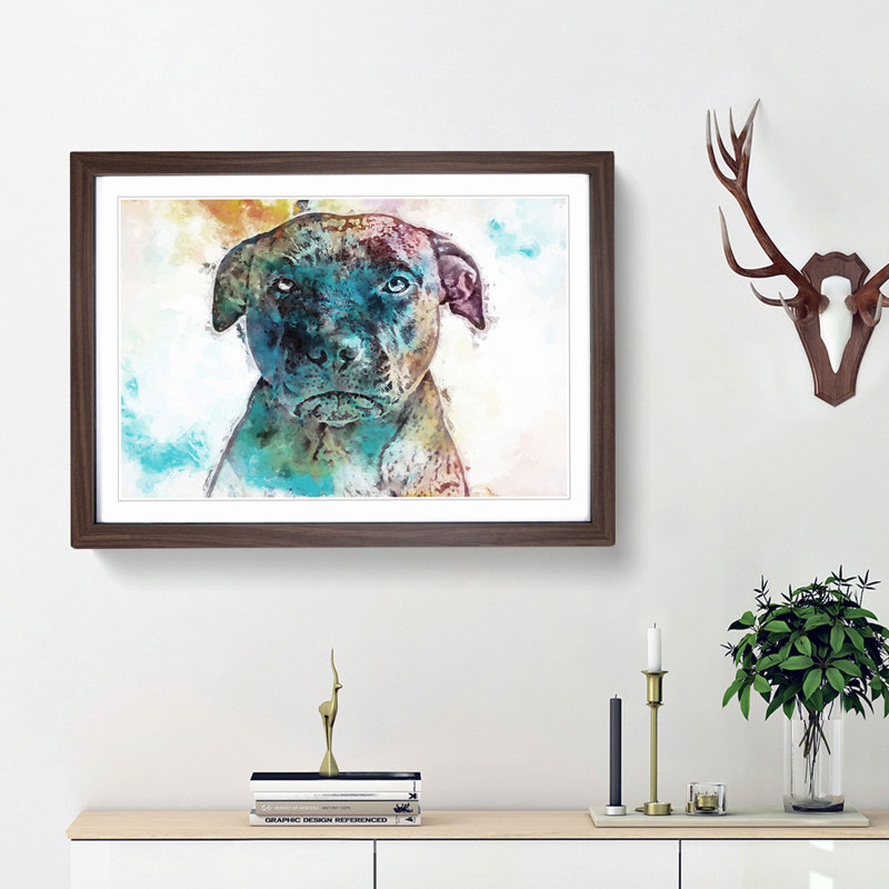 A Staffordshire Bull Terrier Dog in Abstract - Framed Print, 27cm H x 36cm W x 2cm D, Walnut Framed