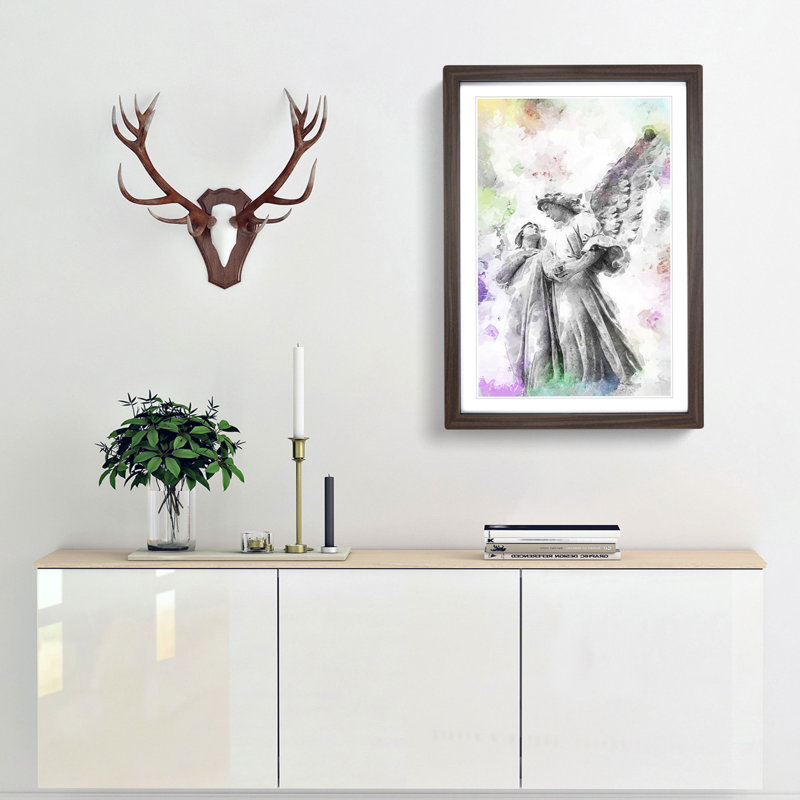 Angel Statue In Abstract - Single Picture Frame Painting, Walnut Framed, 63cm H x 45cm W x 2cm D