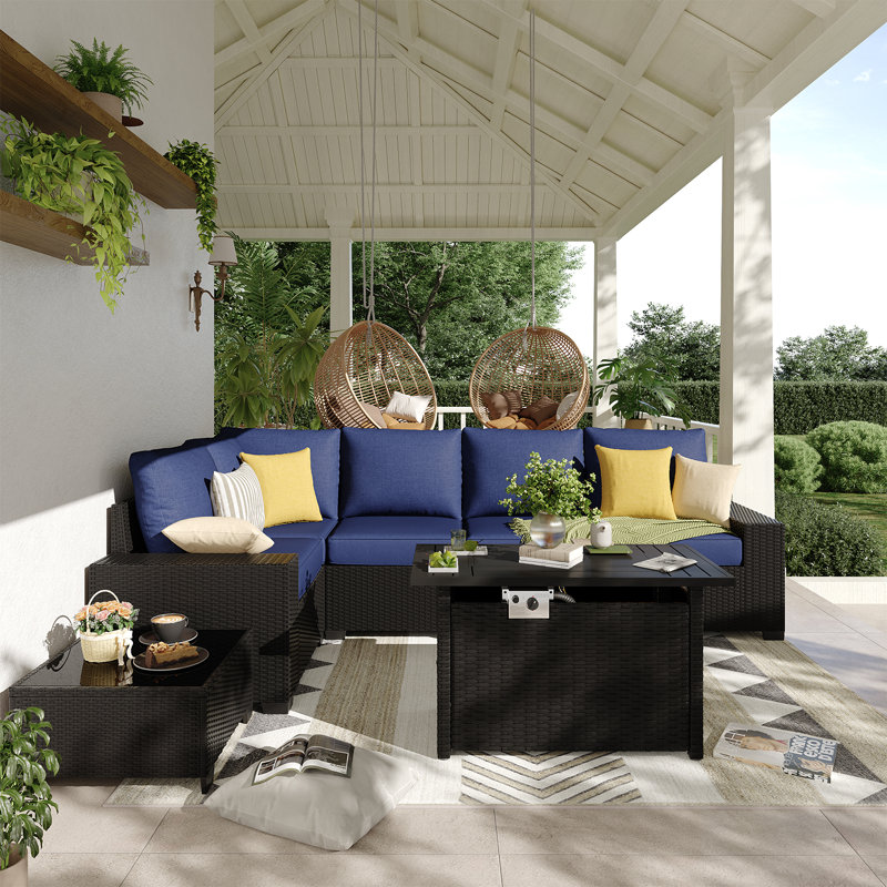 7-pieces Patio Furniture Set With 44" Propane Gas Fire Pit Table, Blue Cushion/Black Frame