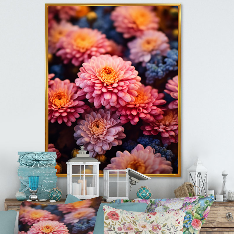 " Pink Yellow Mums Blossoms ", Gold Floater Framed, 32" H x 16" W