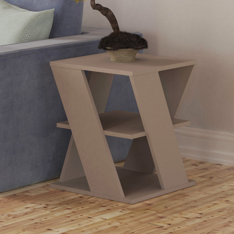 Cateline Geometric Floor Shelf End Table with Storage, Light Mocha