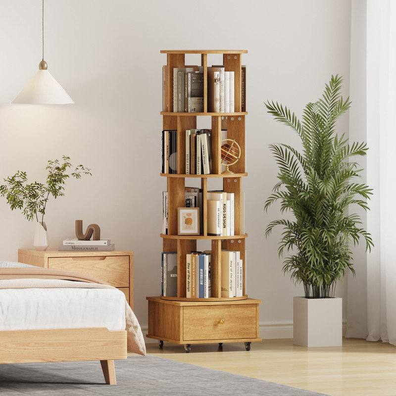 4-Tier Rotating Bookcase with Wheels and Drawers, 360° Swivel Corner Bookshelf, Solid Wood Storage Tower with Lockable Casters, Narrow Spinning Organizer for Living Room, Bedroom(Natural)