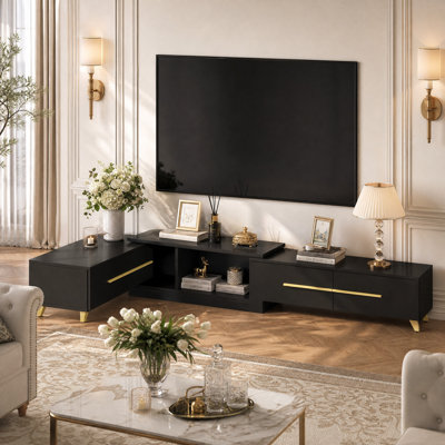 95"-133.9" W Extendable TV Stand for TVs up to 88" with Rotating Side Cabinets & 4 Drawers