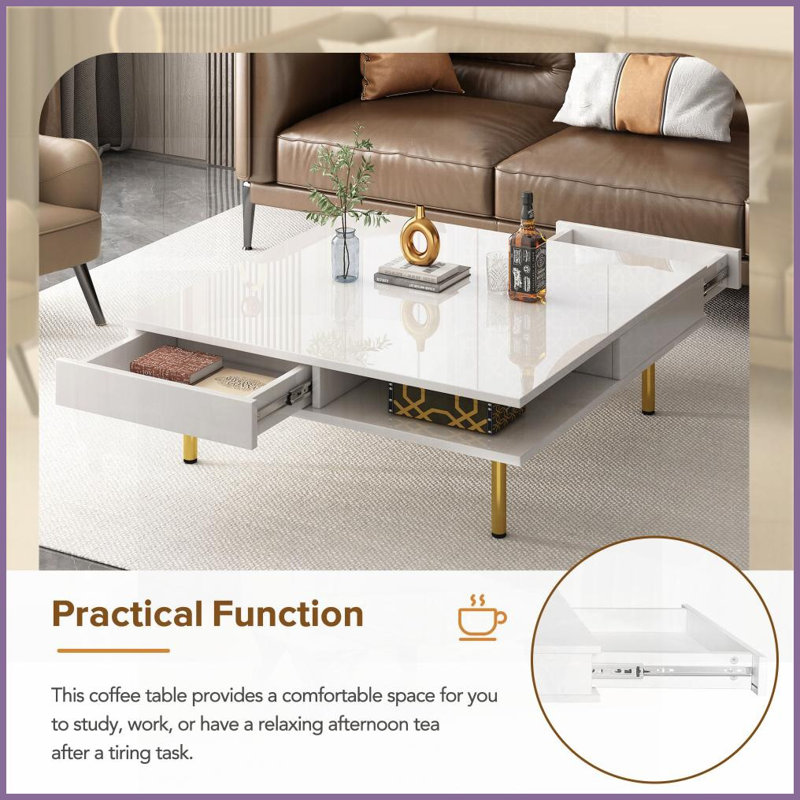 Table basse moderne blanche avec pieds dorés et amp; 2 tiroirs - plateau ultrabrillant facile à nettoyer Vaste espace de rangement pour le salon