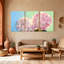 Hortensia fleurs roses sur fond bleu et vert, ensemble de 3 impressions sur toile-2038156726