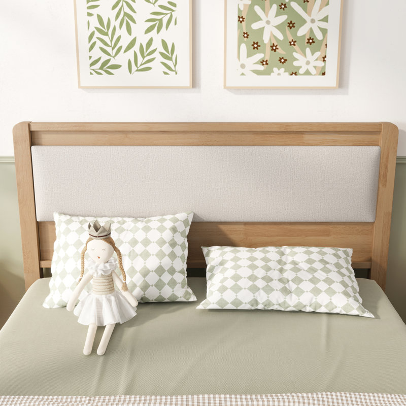 Cadre de lit en bois d'hévéa massif avec tête de lit rembourrée, pieds de soutien centraux, tailles Twin-XL / Full / Queen, noyer / naturel / brun, sommier non requis