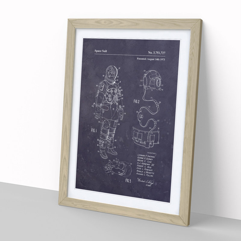 Space Suit Patent Dark - Single Picture Frame Print on Wood, 90cm H x 65cm W x 2cm D, Oak Framed